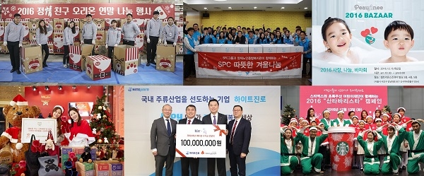 (왼쪽 위부터 시계방향) 오리온, SPC그룹, 포피네, 스타벅스커피 코리아, 하이트진로, MCM.