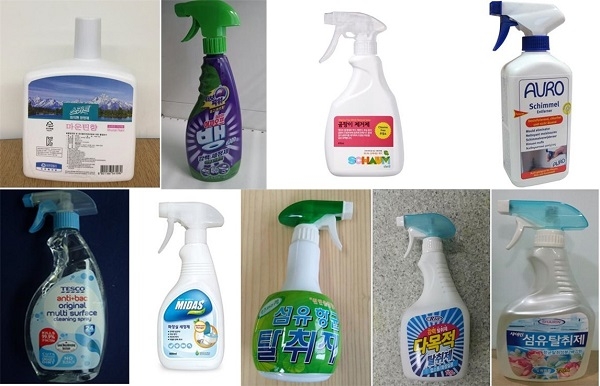 (윗줄 왼쪽부터) 유한킴벌리 ‘스카트 와치맨 방향제’, 한빛화학 ‘이지오프뱅 강력세정제’, 에코트리즈 ‘샤움 무염소 곰팡이 제거제’, 헤펠레코리아 ‘AURO Schimmel’, (아랫줄 왼쪽부터) 홈플러스 ‘TESCO 안티박테리아 다목적스프레이’, 마이더스코리아 ‘마이더스 화장실 세정제’, 랜디오션 ‘섬유항균탈취제’, 성진켐 ‘다목적 탈취제’, ‘샤이린 섬유탈취제’. (사진=환경부 제공)