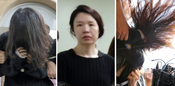 신상 공개가 결정된 '전 남편 살해' 피의자 고유정(36·여)이 지난 6일 오후 제주 동부경찰서에서 조사를 받은 뒤 머리카락으로 얼굴(왼쪽부터)을 가렸으나 7일 오후 같은 장소에서 조사를 받기 위해 진술 녹화실로 이동하며 고개를 들고 얼굴을 보였으나 12일 제주지검으로 송치되면서 또 머리카락으로 얼굴을 가리고 있다. (뉴시스)