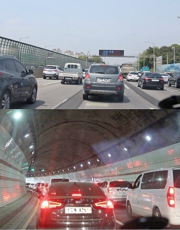 신종 코로나바이러스 감염증(코로나19) 창궐에도 불구하고 나들이 차량들로 도로가 꽉 찼다. (위부터)서울외곽순환고속국도 구리시 구간과 경기 성남시 중원구 공원터널에도 이날 극심한 차량 정체가 발생했다. 사진=-정수남 기자