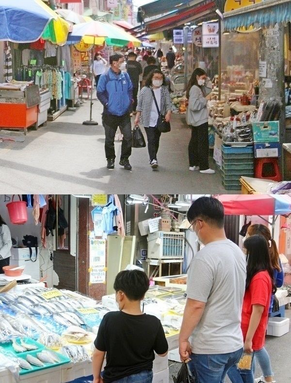 (위부터)김 씨 가족이 저녁 찬거리 등을 사기 위해 들른 은행시장 전경. 코로나19 이전 80% 수준의 고객이 시장을 찾는다고. 김 씨 가족이 어물전에서 생선을 사고 있다. 김 씨 가족은 경기도와 성남시가 지급한 재난소득 160만원을 받았으며, 내주 정부가 지급하는 80만원을 추가로 신청할 계획이다. 사진=정수남 기자