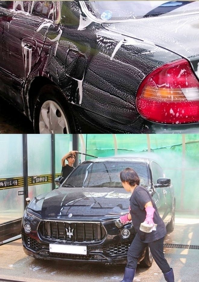(위부터)세제 도포는 스펀지를 수직과 수평으로 해야 빈틈이 생기기 않는다. 남아 있는 세제는 차량 부식의 원인이 되기 때문에 차량 위부터 철저하게 거품을 씻어낸다(사진=정수남 기자).