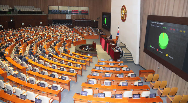 2020년도 3차 추경예산안이 3일 서울 여의도 국회본회의장에서 열린 제379회국회(임시회)에서 통과되고 있다.(사진제공=뉴시스) 