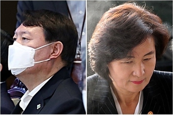 윤석열 총장이 8일 오후 "'검언유착' 수사팀을 포함해 독립적인 수사본부를 구성한다"고 발언했다. 사진은 윤석열 검찰총장, 추미애 법무장관. 사진=뉴시스