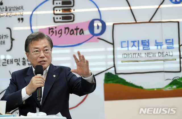 문재인 대통령이 18일 오전 강원도 춘천에 위치한 빅데이터 플랫폼 운영기업 더존비즈온에서 한국판 뉴딜 디지털경제 현장 방문 일정을 마친 후 참석자들과 차담을 하고 있다. (사진/뉴시스)