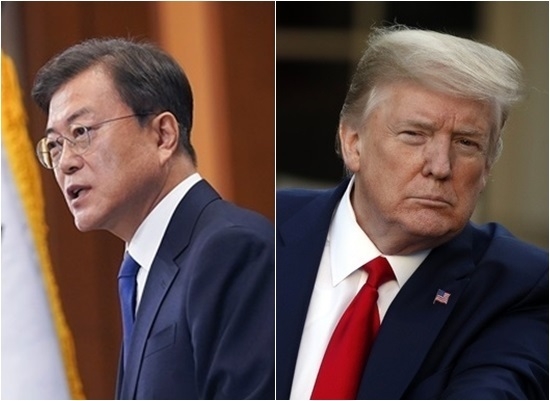 한미 미사일 지침이 개정돼 우주발사체 고체연료 사용제한이 해제된다고 28일 알려졌다. 사진은 문재인 대통령과 도널드 트럼프 미국 대통령. 
