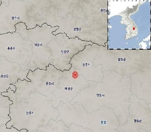 기상청에 따르면 1일 오후 1시15분6초께 경북 예천군 북쪽 13㎞ 지역에서 규모 2.0의 지진이 발생했다