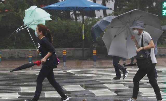 강한 바람이 불고 비가 온 지난 달 20일 오전 인천시 미추홀구 인천터미널역 사거리에서 시민들이 바람에 날리는 우산을 잡고 횡단보도를 건너가고 있다.