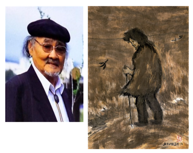 생전의 변시지 화백(왼쪽)과 작품 '자화상'( 1983. 22x28cm). <사진제공=김종근미술평론가(왼쪽), 공간 누보>