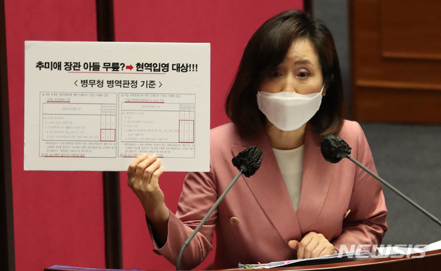 전주혜 국민의힘 의원이 14일 오후 서울 여의도 국회 본회의에서 열린 정치분야 대정부질문에서 추미애 법무부 장관에게 질의하고 있다. (사진/뉴시스)