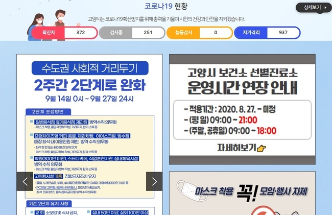 고양시 코로나19 발생현황 홈페이지 이미지. 사진=고양시 코로나19 발생현황 홈페이지 캡처