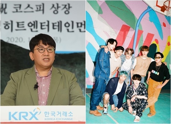 빅히트 상장 소식이 15일 전해졌다. 방탄소년단(BTS) 소속사 빅히트 엔터테인먼트는 이날(오늘) 코스피에 상장했다. 최대주주 방시혁 빅히트 의장은 3조4656억원 규모의 주식부자에 등극했다. 따상 뜻은 개장하자마자 시초가가 공모가의 2배로 출발한 후 그 가격에서 30% 오른 상한가로의 직행을 의미한다. 왼쪽부터 방시혁 의장, BTS. 사진=빅히트 엔터테인먼트 제공