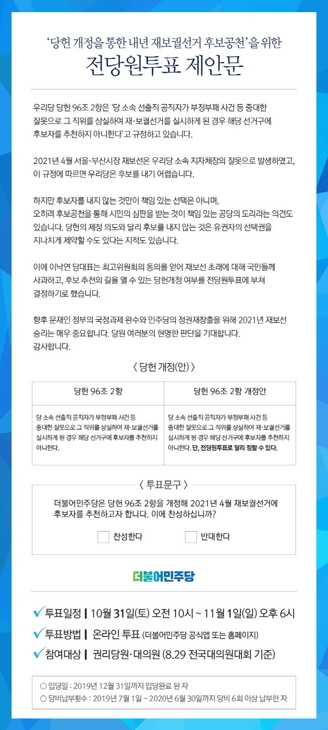 더불어민주당은 31일부터 이틀간 성추행 의혹 등으로 공석이 된 내년 서울시장과 부산시장 보궐선거 공천 여부를 결정할 전당원 투표를 진행한다. 결과는 내달 1일 오후 6시 투표가 종료된 이후 공개될 예정이다.