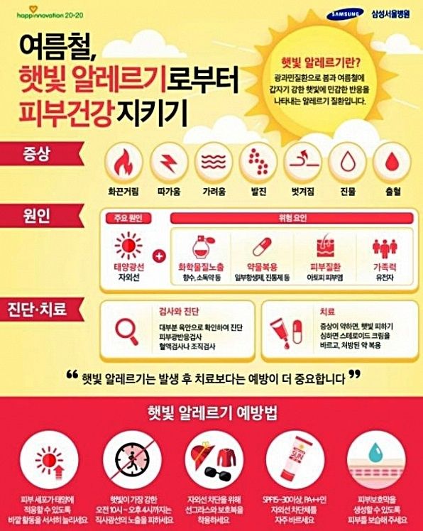 사망한 박지선 지병 햇빛 알레르기(햇빛 알러지)에 관심이 집중됐다. 햇빛 알레르기 뜻은 태양광선에 노출된 뒤 피부 가려움증이나 발진 증상이 발생하는 질환이다. 증상이 심각한 경우엔 스테로이드 크림이나 먹는 약으로 치료해야 하는 질병이다. 2일 경찰에 따르면 박지선은 이날 오후 1시 45분께 서울 마포구 자택에서 모친과 함께 숨진 채 발견됐다. 이날 오후 박지선 부친 신고로 출동한 경찰은 박지선 사망에 대해 극단적 선택으로 추정하고 있다. 일각에선 박지선 사망 원인에 대해 지병 햇빛 알레르기 질환이 악화돼 우울증으로 극단적 선택을 한 것으로 보고 있다. 사진=삼성서울병원 제공