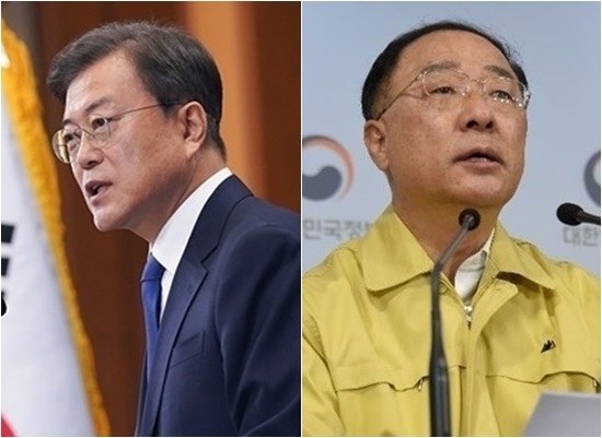 홍남기 부총리 사직서를 반려한 문재인 대통령이 반려 이유에 대해 "홍남기를 경제회복 적임자로 판단한다"고 5일 밝혔다. 사진 왼쪽부터 문 대통령, 홍 부총리. 사진=청와대, 기획재정부 제공