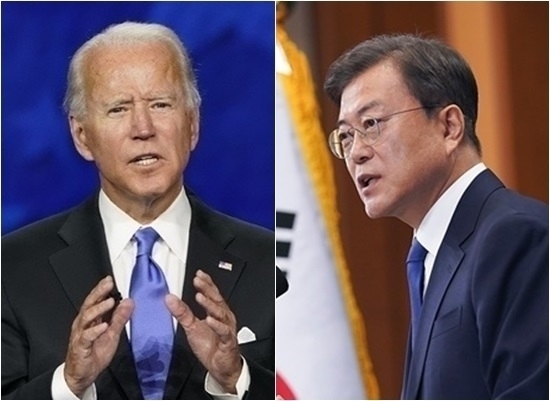 문재인 대통령이 12일 오전 9시 조 바이든 미국 대통령 당선인과 첫 번째 전화통화를 했다. 사진 왼쪽부터 바이든 당선인, 문 대통령.