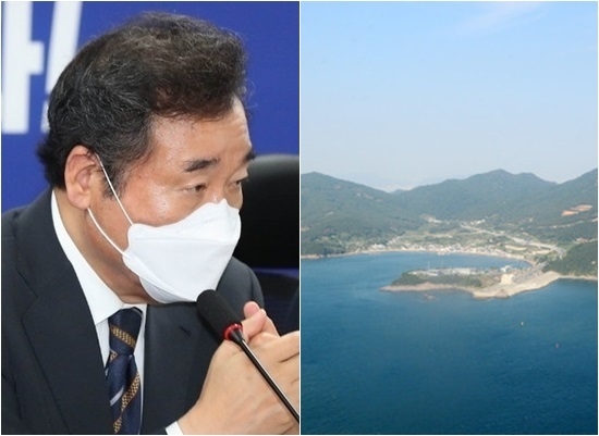 더불어민주당이 '가덕도 신공항' 총력전에 들어갔다. 최인호 민주당 수석대변인은 17일 국무총리실 산하 김해신공항 검증위원회(검증위)가 김해신공항 확장안을 사실상 백지화한 것에 대해 이날 오후 국회에서 브리핑을 갖고 "환영한다"고 밝혔다. 사진은 왼쪽부터 이낙연 민주당 대표, 2013년 촬영된 부산 강서구 가덕도. 