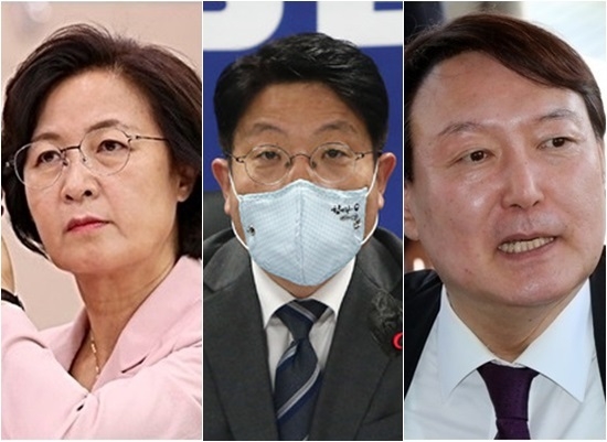 추미애 법무부 장관·윤석열 검찰총장 동반사퇴설 대신 고기영 법무부차관의 사표가 수리된다. 1일 법무부에 따르면 추 장관은 윤 총장에 대한 징계위가 부당하다고 사의를 표한 고기영 법무부차관 사표를 수리할 예정이다. 사진 왼쪽부터 추미애 장관, 고기영 차관, 윤석열 총장