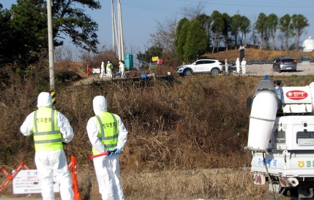 5일 오전 고병원성 조류독감(AI) 의심 가축이 발생한 전남 영암군의 한 육용오리농장에 대한 출입이 통제되고 있다.
