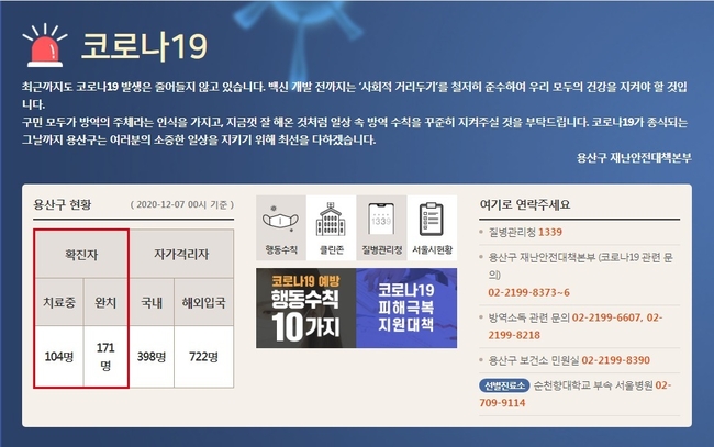  코로나19 발생현황(용산구청) 7시 오전 기준 이태원 소재 젠틀레빗, 웨스턴라운지, 투페어, KMGM, 다이스 등 5곳 술집에서 11명의 확진자가 나왔다. 사진은 용산구청 홈페이지 캡처