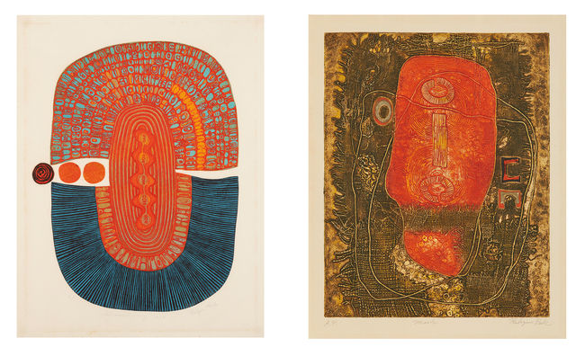 박래현, 시간의 회상, 1970~1973, 종이에 에칭, 61x46㎝. ▲박래현, 가면, 1973, 콜라그래피, 45×35.6㎝, 개인소장.
