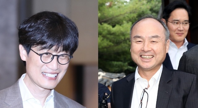 이해진(왼쪽) 네이버 글로벌투자책임자(GIO)와 손정의(오른쪽) 일본 소프트뱅크 회장.(사진/뉴시스)