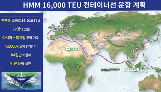 HMM은 1만6000TEU급 초대형 컨테이너 1호선 HMM 누리(Nuri)호가 국내 화물을 싣고 지난 22일 부산항에서 첫 출항한다고 밝혔다 (사진=뉴시스 제공)
