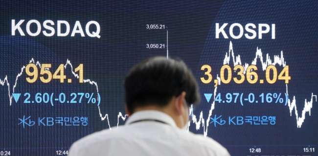 기관 매도가 이어진 29일 오후 서울 영등포구 여의도 KB국민은행 여의도지점 스마트 딜링룸 전광판에 코스피가 전 거래일보다 4.97 포인트(-0.16%) 내린 3036.04 포인트를 나타내고 있다. 코스닥 지수는 2.60 포인트(-0.27%) 내린 954.1 포인트 (사진=뉴시스 제공)