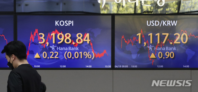 코스피가 전 거래일(3198.62)보다 0.22포인트(0.01%) 오른 3198.84에 장을 마감한 19일 오후 서울 중구 하나은행 딜링룸에서 딜러들이 업무를 보고 있다. 이날 코스닥 지수는 전 거래일(1021.62)보다 7.84포인트(0.77%) 오른 1029.46에, 원·달러 환율은 전 거래일(1116.3원)보다 0.9원 오른 1117.2원에 마감했다. 2021.04.19. (사진/뉴시스)