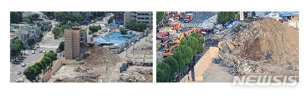 지난 9일 오후 광주 동구 학동 재개발정비구역 철거현장에서 건물이 무너져 정차 중인 시내버스를 덮쳐 사상자 17명이 발생했다. (사진 왼쪽부터) 붕괴 건축물의 사고 전날 촬영한 철거 현장, 이날 사고 직후 모습 (사진=독자 제공) 