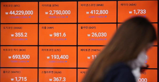 지난 18일 오후 서울 강남구 빗썸 강남센터 전광판에 비트코인 등 암호화폐 시세가 표시되고 있다 (사진=뉴시스)