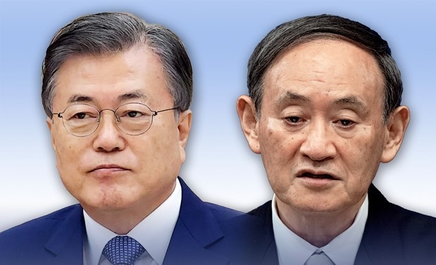 문재인 대통령과 스가 요시히데(菅義偉) 일본 총리의 모습. 