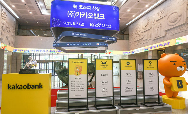카카오뱅크가 코스피에 상장된 6일 서울 여의도 KRX한국거래소 전광판에는 카카오뱅크 상장 관련 문구가 나타나고 있다. (사진=카카오뱅크 제공)