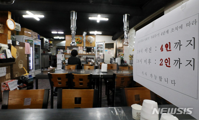 정부의 사회적 거리두기 조정안 및 사적모임 제한 조치 발표를 하루 앞둔 19일 오후 서울 시내 한 음식점에서 업주가 손님을 기다리고 있다.(사진=뉴시스 제공)