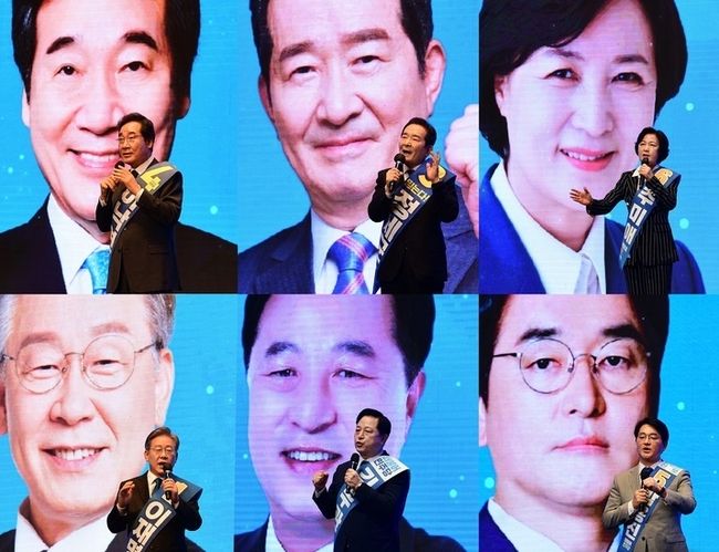 11일 오후 대구 수성구 호텔인터불고 컨벤션홀에서 열린 더불어민주당 대선 후보자 선출을 위한 대구·경북 합동연설회에서 후보자들이 열띤 경쟁을 펼치고 있다. 왼쪽부터 이낙연, 정세균, 추미애, 이재명, 김두관, 박용진 후보.(사진=뉴시스 제공)