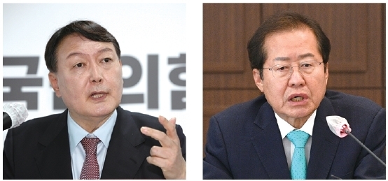 지난 9월 28일 서울 상암동 MBC에서 열린 대선 경선 4차 방송토론회 준비를 하고 있는 윤석열(사진 왼쪽) 국민의힘 대선 경선 예비후보와 9월 14일 오후 서울 중구 한국프레스센터에서 열린 한국기자협회 주최 홍준표 의원 초청 왁자지껄 토론회에 참석해 질의 답변을 하고 있다. 