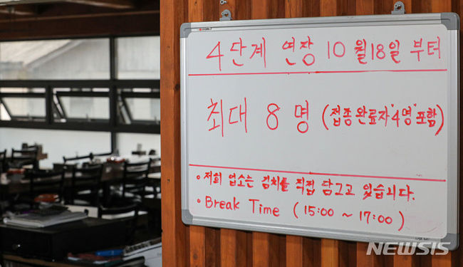 수도권 최대 8명으로 사적 모임 가능 인원을 확대한 새로운 사회적 거리두기 조정안이 18일부터 2주 동안 시행되는 가운데 서울 종로구 한 식당에 인원제한 안내문이 걸려 있다. (사진=뉴시스 제공)