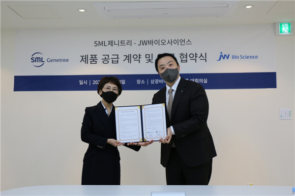 왼쪽부터 JW바이오사이언스 함은경 대표, SML제니트리 안지훈 대표