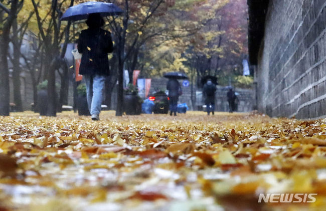 비가 내린 지난 8일 오전 서울 중구 덕수궁 돌담길에서 시민들이 우산을 쓰고 발걸음을 옮기고 있다. (사진=뉴시스 제공)