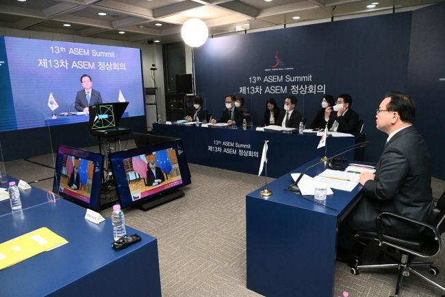 김부겸 국무총리가 26일 제13차 ASEM(아시아·유럽 정상회의) 정상회의에 화상으로 참석한 모습. (사진=총리실 제공)