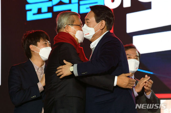국민의힘 윤석열 대통령 후보가 6일 서울 송파구 올림픽체조경기장에서 열린 중앙선거대책위원회 출범식에서 김종인 총괄선대위원장에게 빨간색 목도리를 둘러준뒤 포옹하고 있다. (사진=뉴시스 제공)
