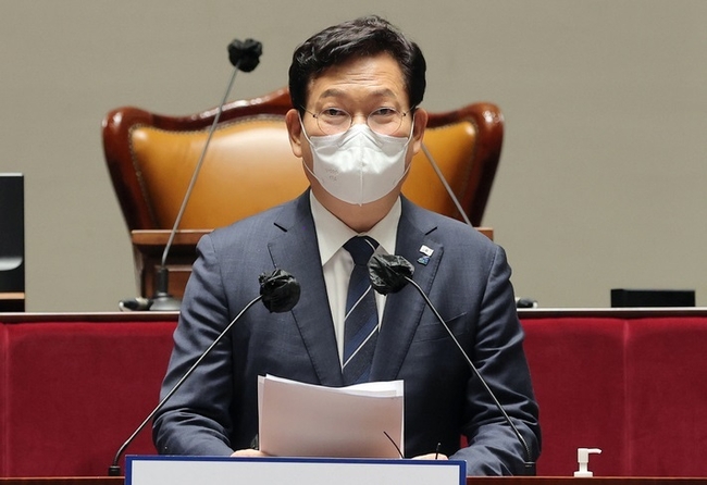 송영길 더불어민주당 대표가 지난 6일 오후 서울 여의도 국회에서 열린 정책의원총회에서 모두발언 하고 있다. (사진=뉴시스 제공)