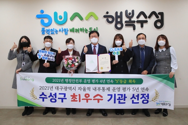 대구 수성구(구청장 김대권)는 대구시 2021년 자율적 내부통제 구․군별 운영 실적 평가에서 최우수기관으로 선정된 후 지난 15일 관계자들과 기념촬영 하고 있다.