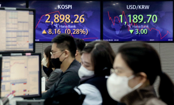 코스피가 전 거래일(2890.10)보다 8.88포인트(0.31%) 오른 2898.98에 출발한 18일 오전 서울 중구 하나은행 딜링룸 전광판에 지수가 표시되고 있다. 이날 코스닥지수는 전 거래일(957.90)보다 2.08포인트(0.22%) 오른 959.98에, 서울 외환시장에서 원·달러 환율은 전 거래일(1192.7원)보다 2.2원 내린 1190.5원에 출발했다.(사진=뉴시스 제공)