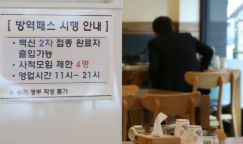 코로나19 백신 접종증명·음성확인제(방역패스) 유효기간 제도가 시행된 3일 오후 서울 시내 한 식당에 방역패스 관련 안내문이 붙어있다.(사진=뉴시스 제공)