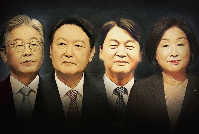  이재명 더불어민주당 대선 후보 (왼쪽),윤석열 국민의힘 대선 후보,안철수 국민의당 대선후보,심상정 정의당 대선후보(이미지=뉴시스 제공)
