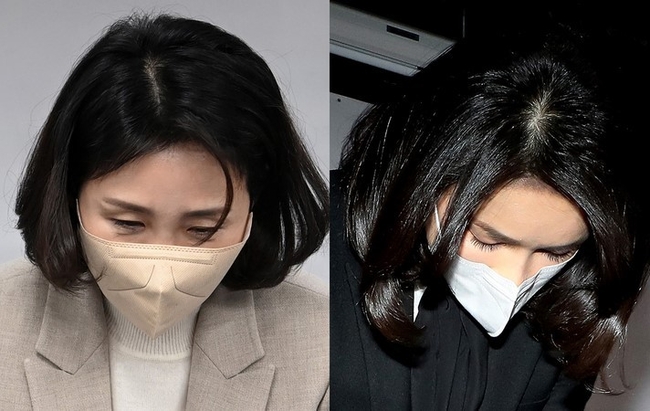 이재명 더불어민주당 대선 후보 부인 김혜경(왼쪽) 씨가 9일 서울 여의도 당사에서 기자회견을 열고 과잉 의전 논란과 관련해, 윤석열 국민의힘 대선 후보의 부인 김건희 코바나컨텐츠 대표가 지난 2021년 12월 26일 서울 여의도 국민의힘 당사에서 자신의 허위 이력 의혹과 관련해 입장문 발표 후 사과하고 있다. (사진=뉴시스 제공)
