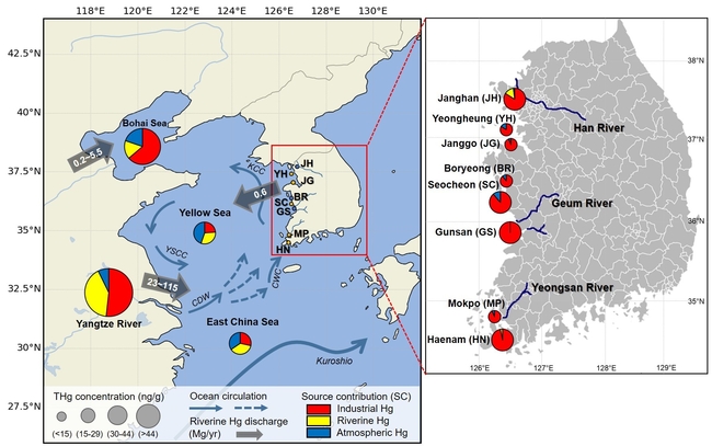 중국 연구팀(Meng et al., 2019)과 본 연구(Jung et al., 2022)에서 산정한 우리나라 서해안과 중국 변연해의 퇴적물 내 수은 오염원별 기여도(%).