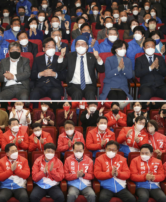 더불어민주당 이낙연 총괄선대위원장, 송영길 대표를 비롯한 당지도부와 국민의힘 권영세 선거대책본부장, 이준석 대표를 비롯한 당지도부가 9일 오후 서울 여의도 국회 의원회관과 국회 도서관에 마련된 양당의 제20대 대통령선거 개표상황실에서 초박빙으로 예측된 출구조사 결과를 지켜보고 있다. (사진=뉴시스 제공)
