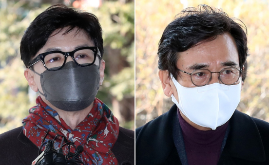 한동훈(왼쪽사진) 사법연수원 부원장과 유시민 전 노무현재단 이사장이 27일 오후 서울 마포구 서부지법에서 열린 명예훼손 혐의 3차공판에 출석하고 있다.(사진=뉴시스 제공)